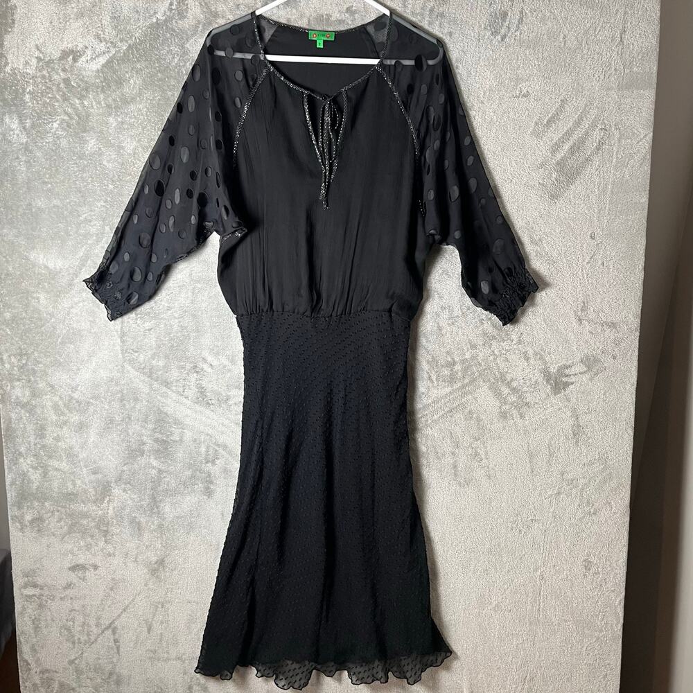 Tibi Black Silk Chiffon Dress Sheer Polka Dot Sleeves‎ Tie Neck Size 2 XS